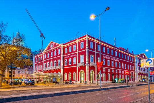 The red historic railway station in Lisbon, Portugal.