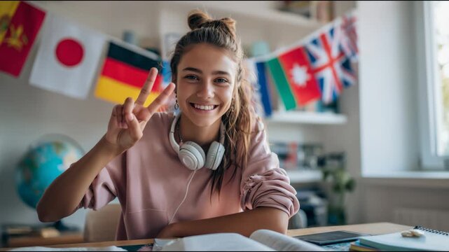 Cheerful teenage girl studying foreign languages smiles and gestures a peace sign to the camera