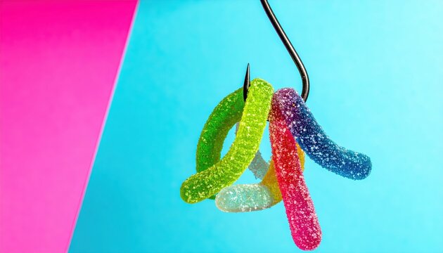 Colorful Gummy Worms Dangling from a Fishing Hook