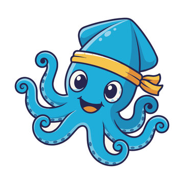 Cheerful blue squid mascot wearing a yellow headband with curled tentacles isolated on white background friendly character design