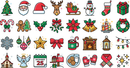 Christmas and winter holiday line icon set featuring Santa Claus reindeer gingerbread cookies ornaments festive decorations and winter clothing vector graphics. © MST