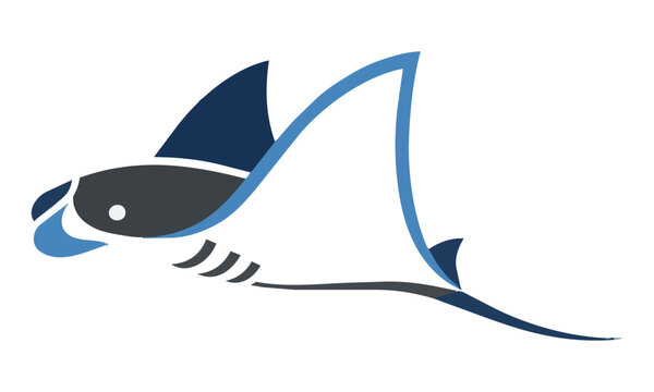 Minimalist manta ray graphic with sleek geometric forms and clean curves isolated on a white background, marine life design concept