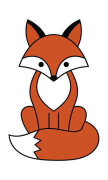 Minimalist geometric fox sitting in a stylized pose with clean flat color blocks and smooth outlines on a white background, modern animal design concept
