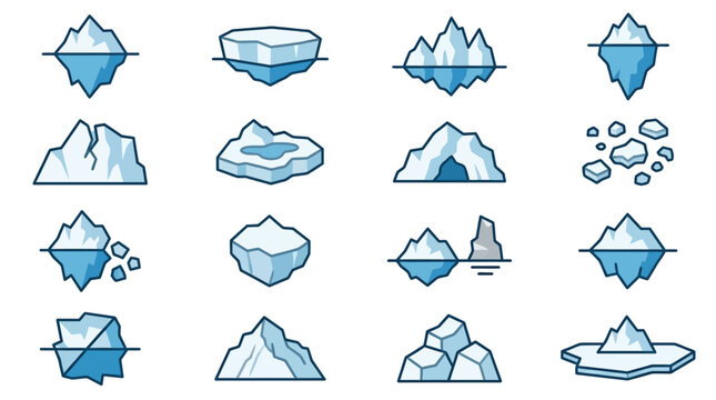 Iceberg vector icons in a simplified geographic symbol style showing glaciers, ice floes, and frozen sea formations for UI design