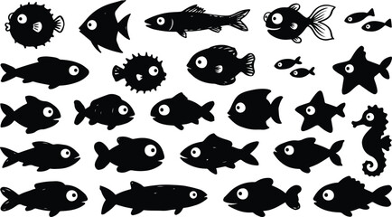 Big eyed cartoon fish silhouettes marine life animal icons set © SHARMIN