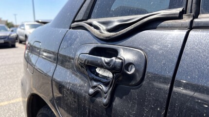 Naklejka premium Black car door handle and window trim melt and droop dramatically. This highlights the destructive power of intense solar radiation on standard consumer goods.