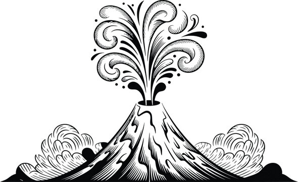 Stylized black and white illustration of an erupting volcano with eruption mountain disaster explosion illustration monochrome activity catastrophe geological landscape tectonic geosphere