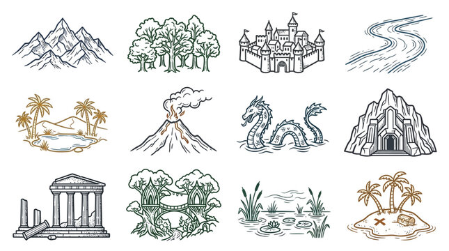 Hand Drawn Fantasy Map Icons Set with Castles, Mountains, Forests, and Landscapes for World Building and Game Design