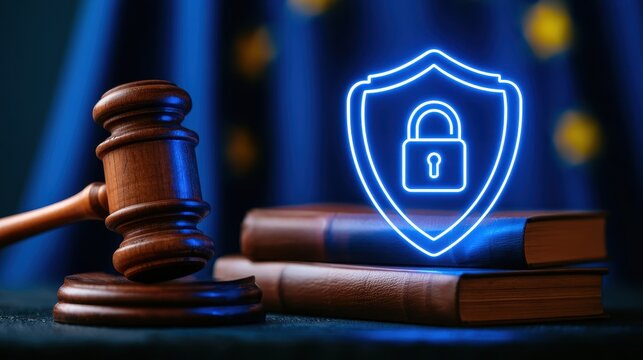 Gavel and books with a glowing digital shield and lock icon representing legal protection and data security