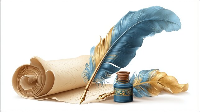 Clean and stylized vector image of writing tools &acirc;&euro;&ldquo; feather quill, scroll document, and soft glow effects to represent the art of writing