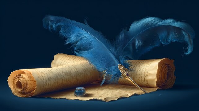 Clean and stylized vector image of writing tools &acirc;&euro;&ldquo; feather quill, scroll document, and soft glow effects to represent the art of writing