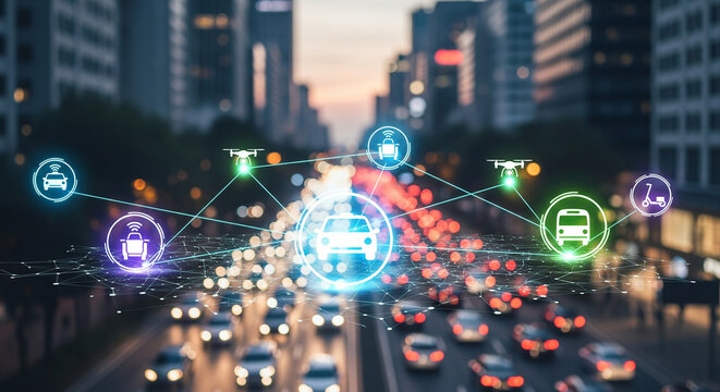 Cityscape with a digital overlay of network and app icons, a concept for a smart city, IoT, and urban mobile technology