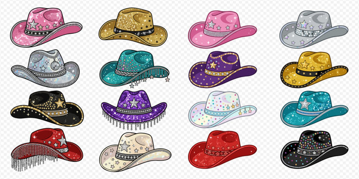 Collection of colorful glitter cowboy hats with various designs and decorations.