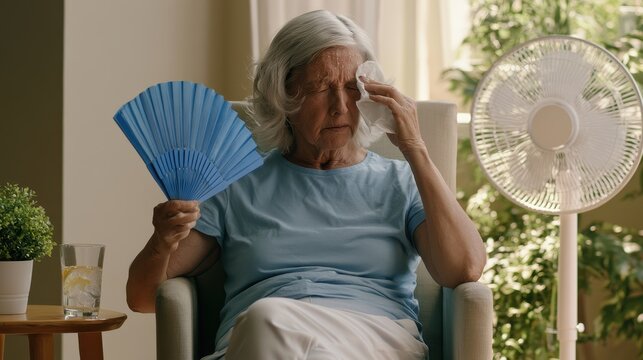Senior woman suffering from heat exhaustion at home using a hand fan and wiping sweat with a tissue