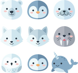 Cute flat vector arctic animal illustration set with polar bear penguin seal arctic fox wolf walrus and narwhal © black
