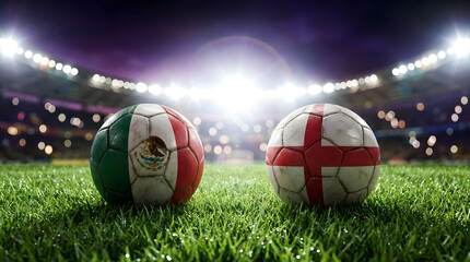 Fototapeta premium Textured Mexico and England Flag Soccer Balls on Green Pitch Under Bright Arena Stadium Lights at Night