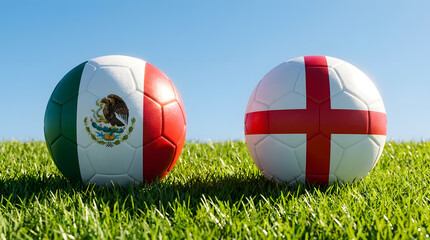 Mexico vs England Soccer Match Concept with Country Flag Footballs on Green Grass Field and Blue Sky Background