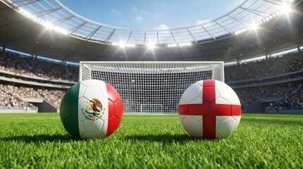 Obraz premium Mexico and England Flag Soccer Balls on Pitch in Front of Stadium Goal Net During Sunny Day Match