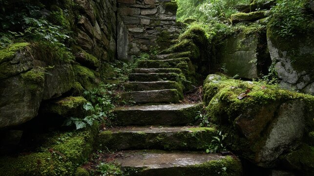 Mysterious grungy staircase made of stone blocks, partially eroded and surrounded by dark green moss and decay