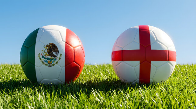 Mexico vs England Soccer Match Concept with Country Flag Footballs on Green Grass Field and Blue Sky Background