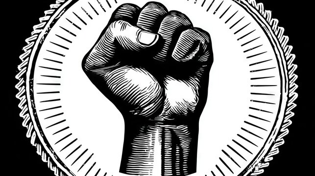 Bold black line art of raised clenched fist with sharp outlines, enclosed in circular badge design, symbolizing unity and resistance