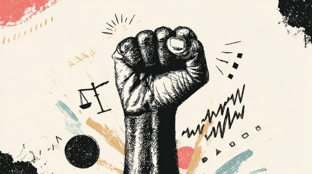 Minimalist vector of a raised fist, clean black strokes with strong contrast, surrounded by equality icons and abstract protest lines