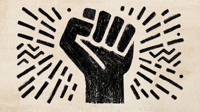 Minimalist vector of a raised fist, clean black strokes with strong contrast, surrounded by equality icons and abstract protest lines