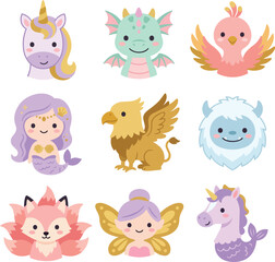Fototapeta premium Cute flat vector fantasy creature illustration set with unicorn dragon phoenix mermaid griffin yeti and fairy