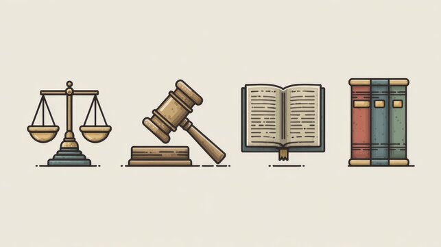 Legal-themed icon set showing golden libra scale, courtroom gavel, and open legal books with fine outline details and muted colors