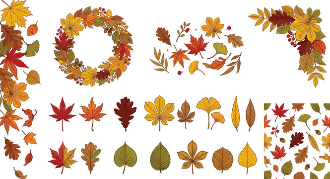 Autumn leaves vector kit featuring hand drawn seasonal wreaths corners vertical borders individual fall foliage shapes and a seamless surface pattern graphic [INDEX].