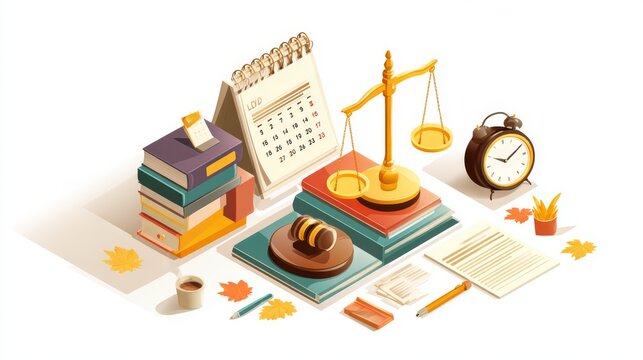 Isometric vector scene showing law office desk with libra scale on stacked books, gavel on side, calendar and contract icons around