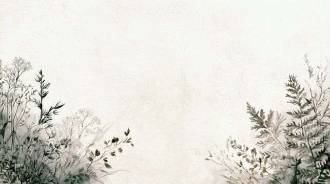 Watercolor botanical frame with wild meadow herbs and ferns elegant floral composition with soft green and beige textures for wedding stationery design