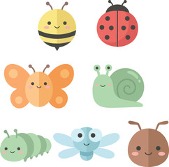 Cute flat vector insect illustration set with bee ladybug butterfly snail caterpillar dragonfly and ant © black