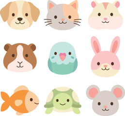 Fototapeta premium Cute flat vector pet animal illustration set with dog cat hamster guinea pig parakeet rabbit fish and mouse