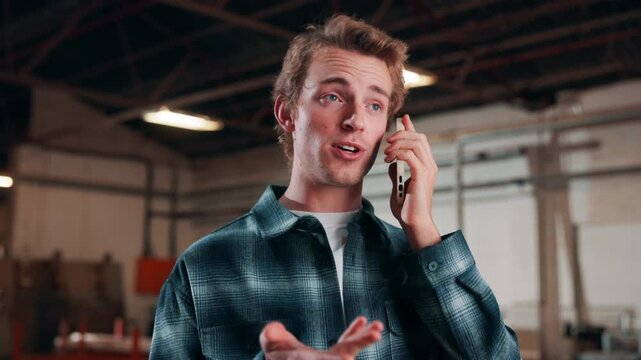 Carpentry, angry or man in factory with phone call, material shortage or order mistake in supplier chat. Woodwork, mad or artisan with tech, delivery complaint or vendor issue in digital conversation