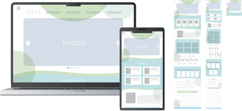 Responsive landing page website template and wireframe design with laptop and smartphone mockups