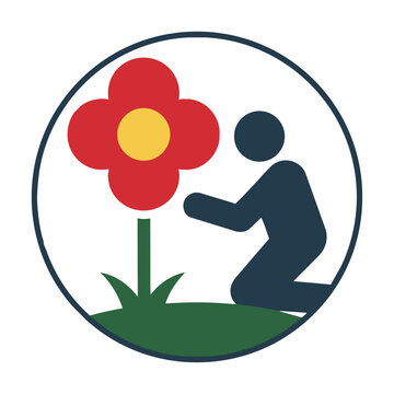 Minimalist circular emblem showing a silhouette of a person tending to a blooming flower in the grass. Environmental care concept