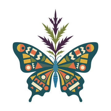 Whimsical butterfly with geometric patterned wings and a tall spiky organic plant on a white background. Creative nature concept