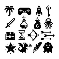 Retro RPG game items adventure fantasy black silhouette icon set © Nirna
