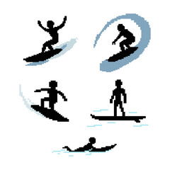 Surfing ocean wave rider and water sports black silhouette set © Nirna
