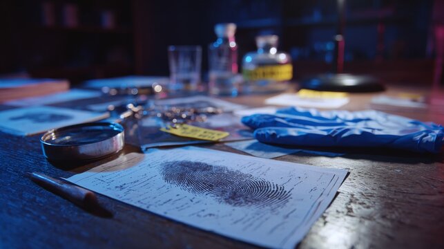 Crime investigation setting with fingerprint card, ink pad, and gloves on forensic lab table, dim light and evidence tag nearby