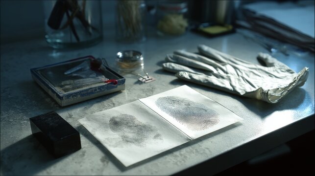 Crime investigation setting with fingerprint card, ink pad, and gloves on forensic lab table, dim light and evidence tag nearby