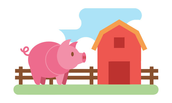 Playful pig standing next to a barn and wooden fence in a minimalist flat design style agriculture and farm lifestyle concept