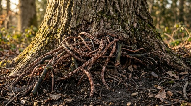 Tangle of copper electrical cables discarded at the base of a tree in nature