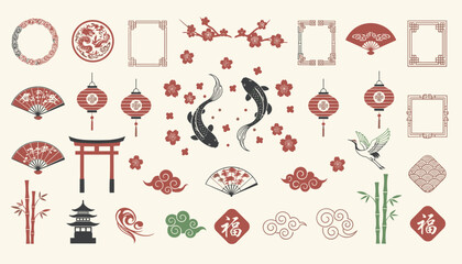 Fototapeta premium Beautiful collection of traditional Chinese graphic ornaments includes paper fans, lanterns, koi fish, and pagodas.