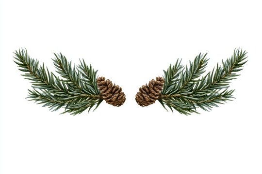 Watercolor christmas pine branches with pinecones, festive winter botanical border, decorative holiday element isolated on white background