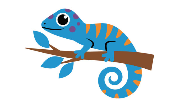 Cute gecko with blue skin and orange stripes perched on a tree branch isolated on a white background, minimalist animal design concept