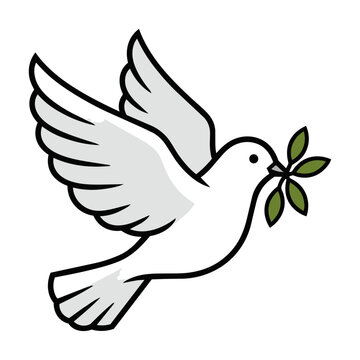 Minimalist stylized pigeon in flight holding an olive branch with bold flat shapes isolated on a white background peace concept