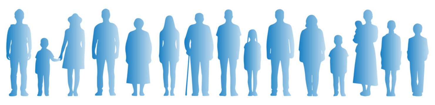 横一列に並んだ老若男女の人物シルエット正面_青グラデーション