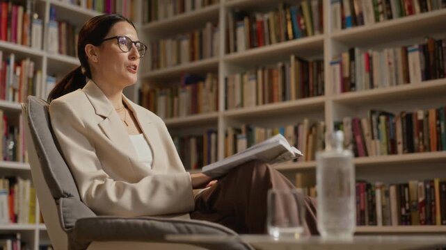 Stab shot of middle aged Caucasian woman with glasses sitting in armchair, holding book and speaking during presentation in library. Video is suitable for educational promos or book club ads